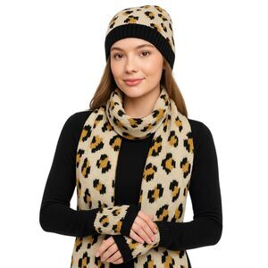 NEW French Connection Scarf & Beanie Set Acrylic Tan Gold Black Leopard Print